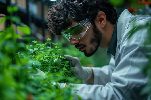 A scientist in a lab coat and safety glasses examines plants in a controlled environment. photo