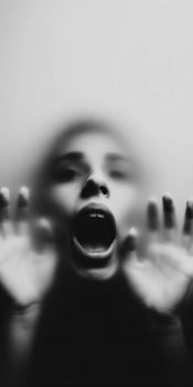 A black and white photo of a woman with her hands up