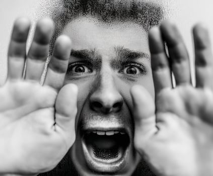 A man is making a face with his hands photo