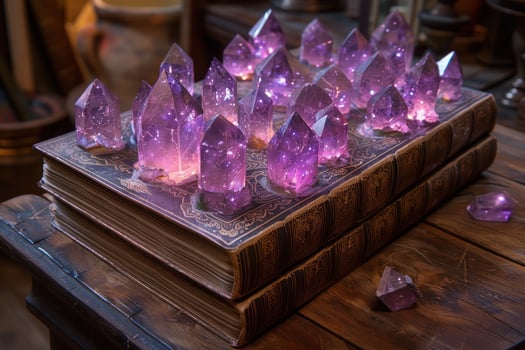 A stack of antique books with purple crystals on top of them, creating a mystical and enchanting scene. photo