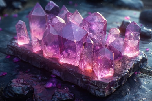 A group of vibrant purple amethyst crystals on a black rock with a sparkling, ethereal glow. photo