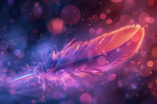 A single feather with a magical glow, surrounded by colorful bokeh lights against a dark background. photo