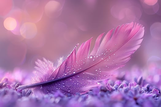 A single pink feather with dew drops lies on a bed of purple flowers with a blurred background of pink and orange bokeh. photo