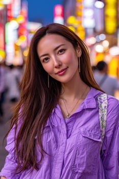Beautiful asian woman in purple shirt in tokyo, japan photo
