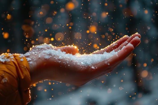 Hand holding a handful of snow with bokeh lights in the background. photo