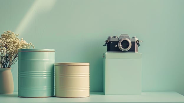 A vintage camera and flowers on a green shelf against a green wall. photo