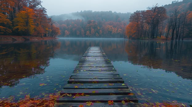 Wooden dock leading into a misty lake with fall foliage reflecting on the water. photo