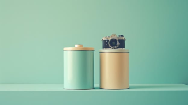Vintage camera on a can against a green background. photo