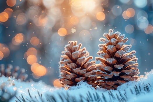 Two pine cones covered in frost sit on a pine branch with snow in front of a blurred background of winter bokeh lights. photo