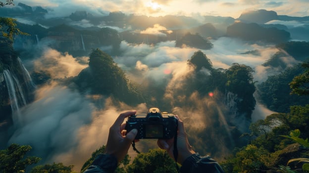 Photographer capturing a breathtaking sunrise over a misty mountain landscape. photo