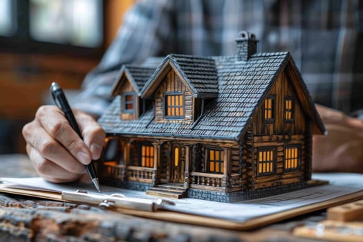 A person signing a document with a wooden house model in front. photo