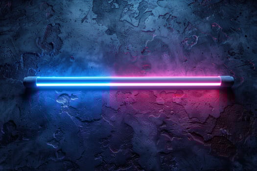 A blue and pink neon light bar against a dark concrete wall. photo