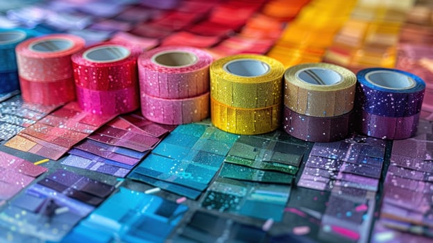Colorful glitter ribbon rolls on a rainbow color chart. photo
