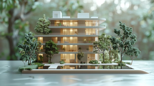 Miniature model of a modern apartment building with a pool and trees. photo
