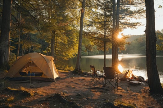 A tent pitched on the lakeshore with two chairs and a campfire in front, the sun setting behind the lake and trees. photo