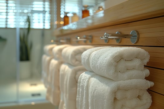 White towels neatly folded and hanging on hooks in a modern bathroom. photo