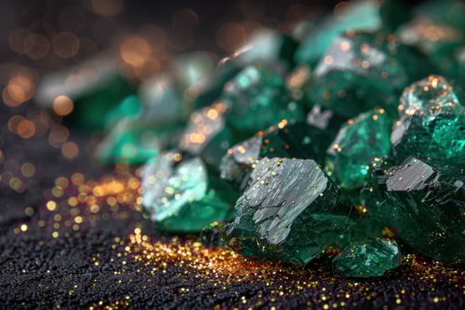 Closeup of green crystals with gold glitter on black background. photo