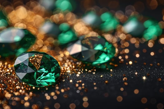 Closeup of sparkling emerald gemstones scattered on a gold glitter background. photo