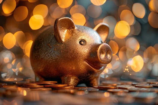 A golden piggy bank sits on a pile of coins against a blurred background of golden lights. photo