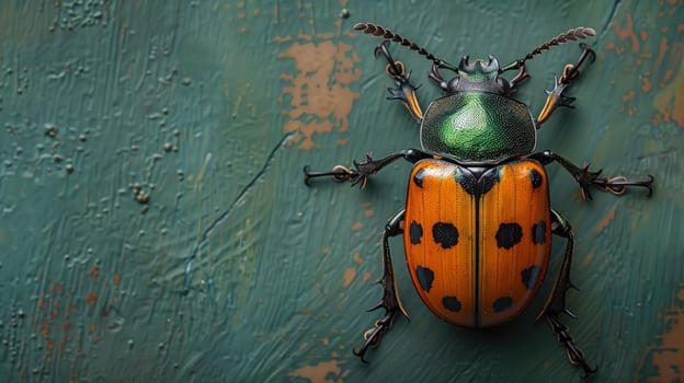 Closeup of a colorful beetle with green and orange shell, black dots on its back and long antennae, against a blue and brown background. photo