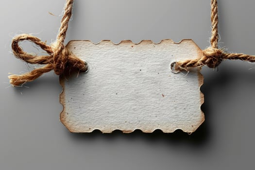Blank paper tag with twine hanging against a gray background. photo