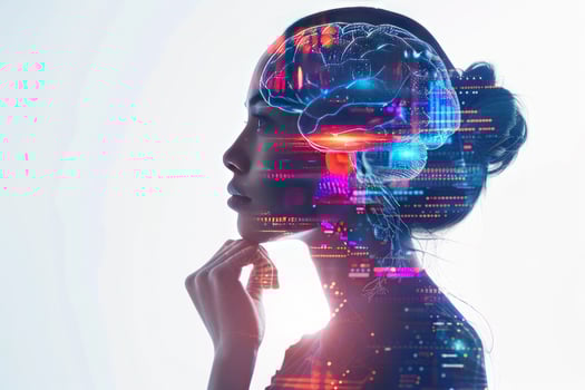 A woman's profile with a glowing digital brain overlay, representing the concept of artificial intelligence, data processing, and human potential. photo