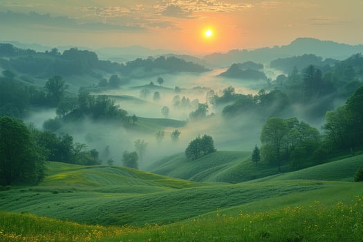 A picturesque sunrise over a valley with rolling hills and mist, illuminating the landscape with a warm glow. photo