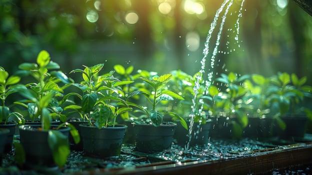 A stream of water pours over a row of potted plants, nourishing the seedlings with lifegiving moisture. photo