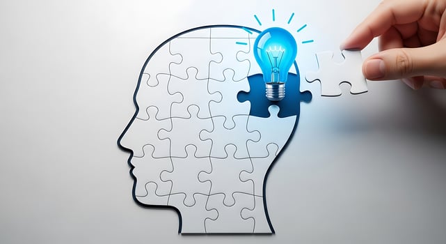 Human head puzzle with glowing light bulb symbolizing innovation and creative idea generation photo