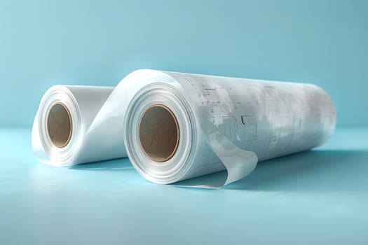 Two rolledup blueprints on a blue background. photo