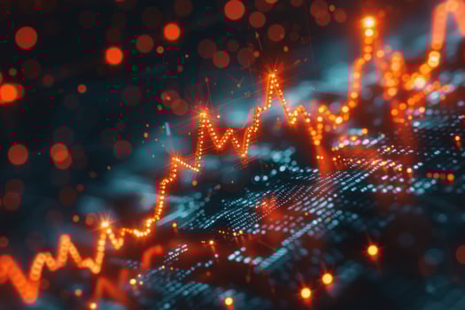 Abstract 3D rendering of a glowing red graph line rising on a digital background. photo