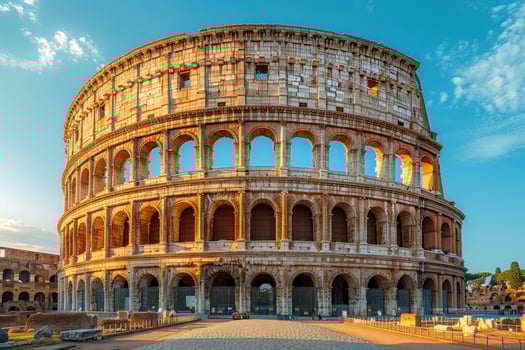 The Colosseum in Rome, Italy, a historic amphitheater with a wideangle view. photo