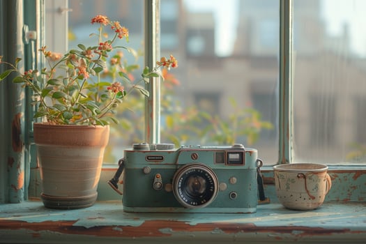 Vintage camera, potted plant, and ceramic cup on windowsill. photo