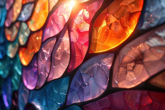 Closeup of colorful stained glass window with light shining through. photo