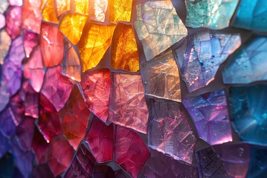Colorful mosaic pattern with irregular shaped glass pieces in different shades of rainbow colors. photo