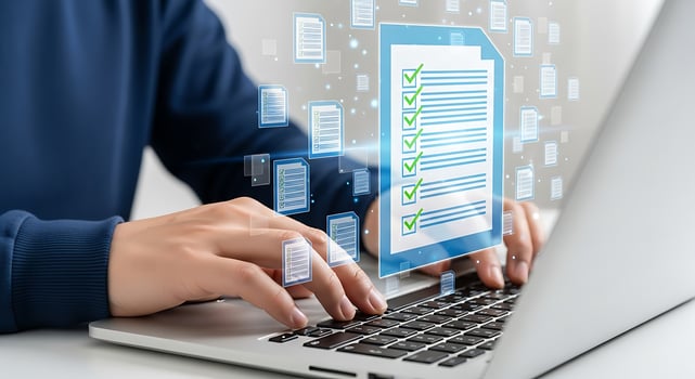 Person working on laptop with futuristic holographic data interface displaying charts and text for digital business analysis and online research photo