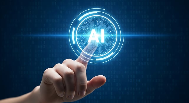 Human hand touching interactive futuristic ai interface symbol on a dark blue digital background photo
