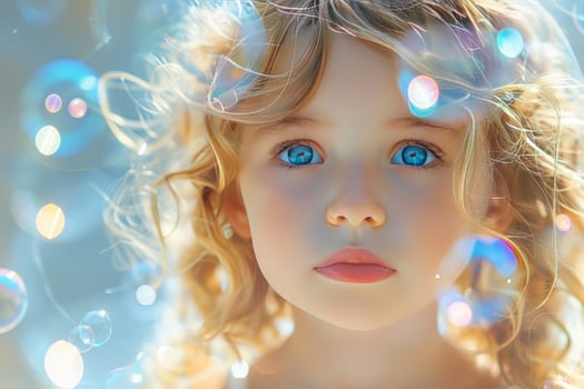 Portrait of a young girl with blue eyes and blonde hair surrounded by soap bubbles. photo