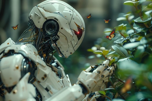 A futuristic robot examines a plant with delicate, mechanical fingers, surrounded by butterflies. photo