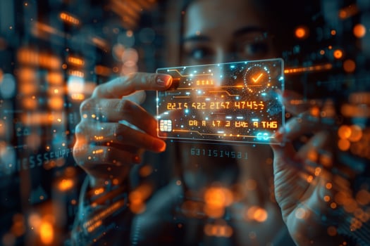 A woman holds a futuristic transparent credit card with glowing numbers and a check mark on it. photo