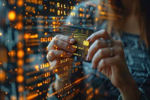 A woman's hand holding a credit card with a digital background of data and code. photo