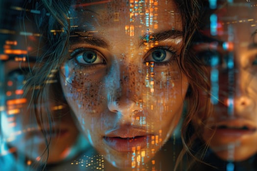 A woman's face with a digital overlay, representing the merging of technology and humanity. photo