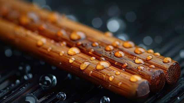 Closeup of wet wooden chopsticks on a black surface. photo