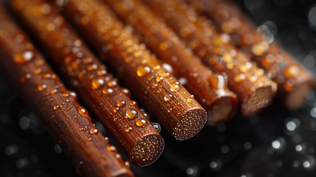 Closeup of wet wooden chopsticks on a black background. photo