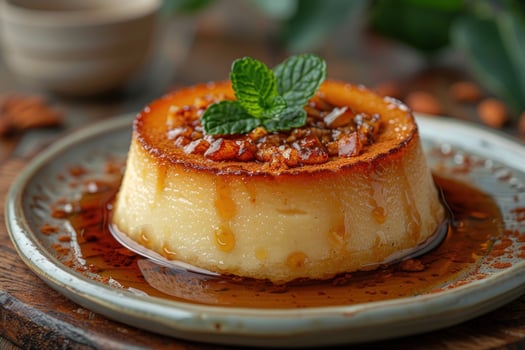 A closeup of a creamy flan dessert topped with caramel sauce and chopped nuts, garnished with a sprig of mint, served on a small plate. photo