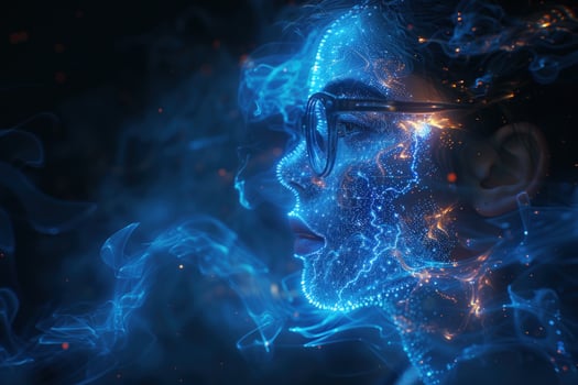 A digital portrait of a person's face with blue and orange smoke effects. photo