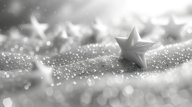 A closeup shot of white stars scattered across a silver sparkly background with bokeh effect. photo