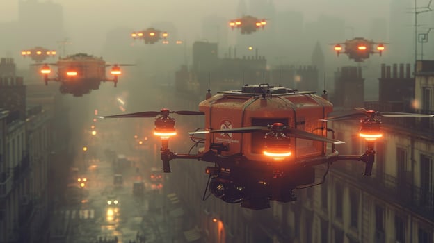 Futuristic city with drone delivery system in foggy weather. photo