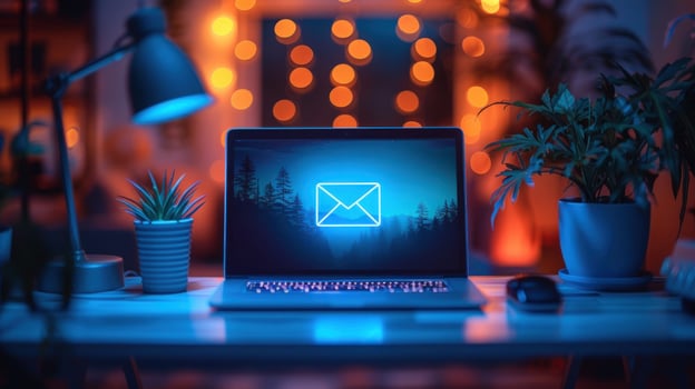 Laptop with email icon on screen, glowing in blue light. photo