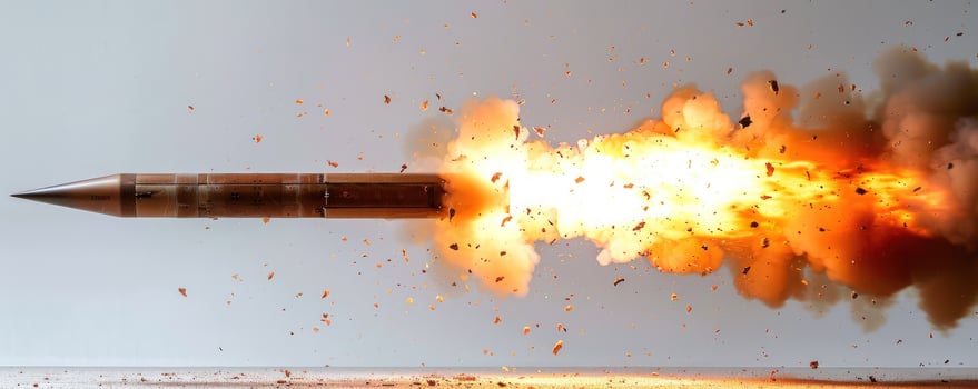 A missile launches with a trail of fire and smoke. photo